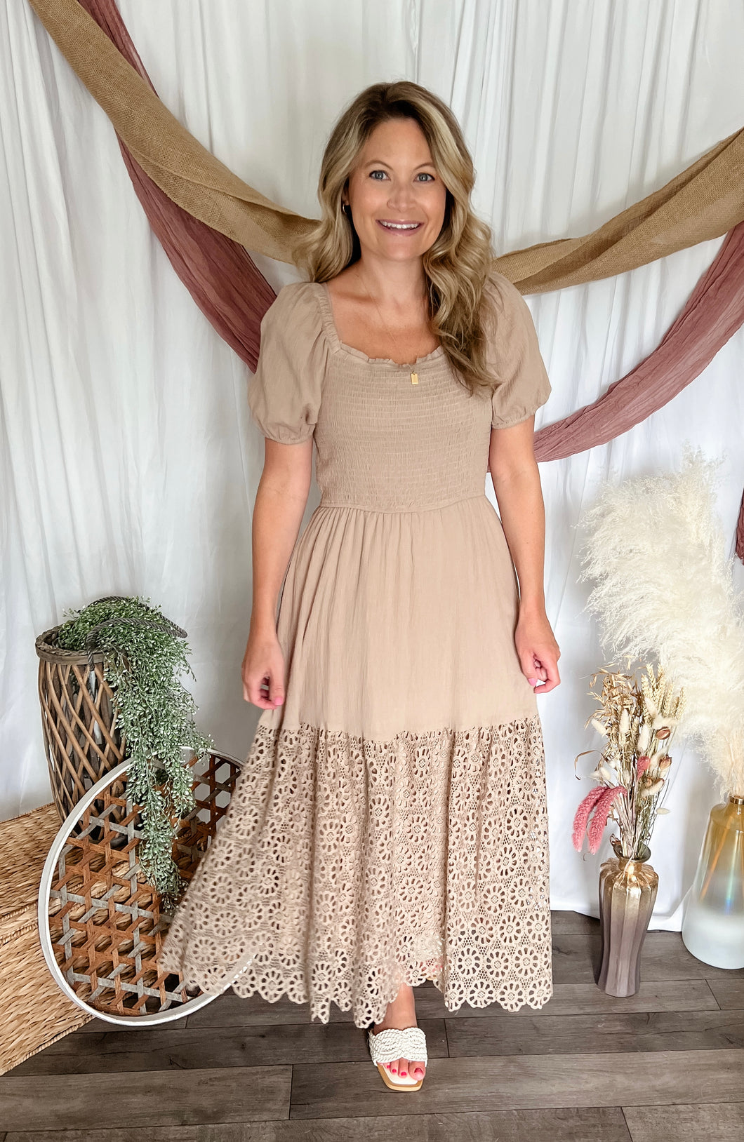 Taupe Eyelet Midi Dress