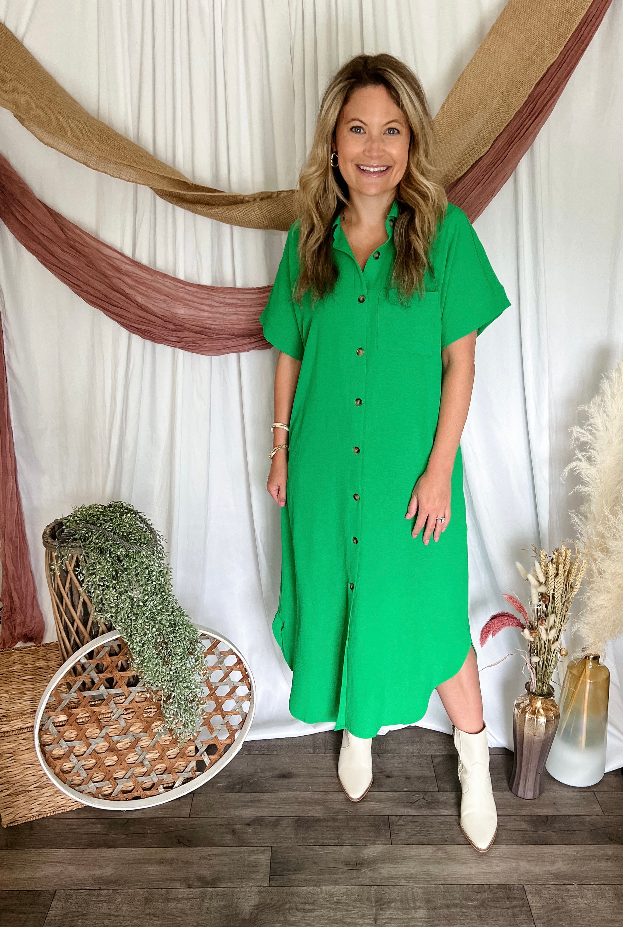 Kelly Green Button Down Midi Dress – Bleu Boutique