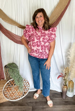 Load image into Gallery viewer, Pink Floral Ruffle Shoulder Top
