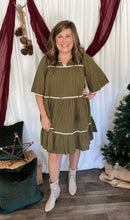 Load image into Gallery viewer, Olive Lace Trim Textured Dress
