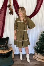 Load image into Gallery viewer, Olive Lace Trim Textured Dress
