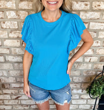 Load image into Gallery viewer, Turquoise Ribbed Ruffle Sleeve Top
