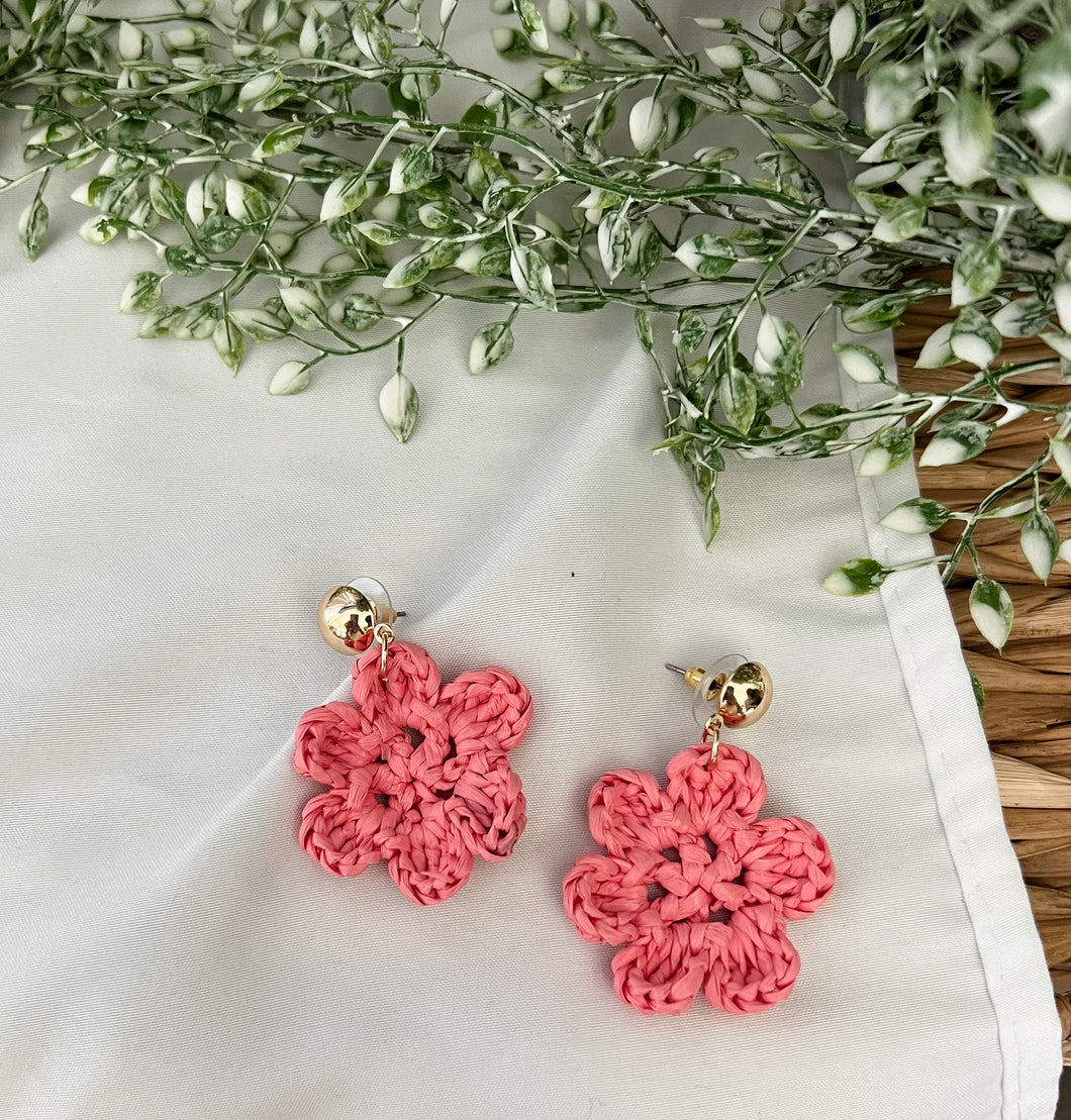Coral Raffia Flower Earrings