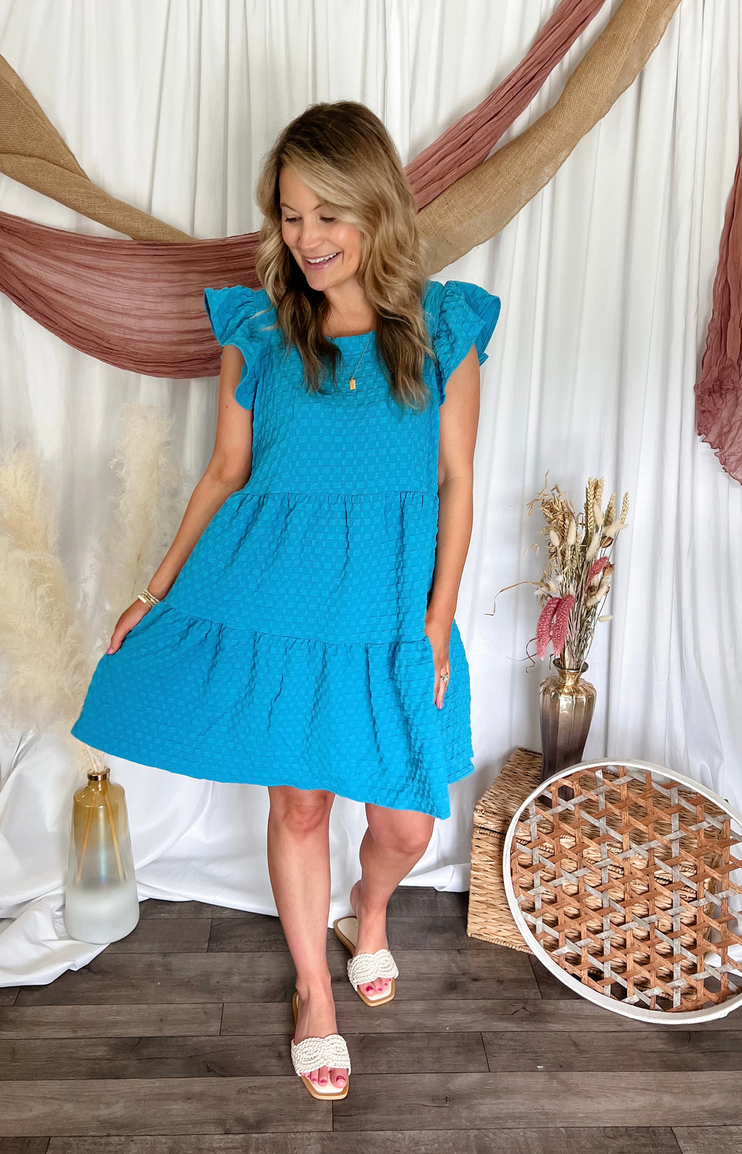 Turquoise Textured Checkered Dress